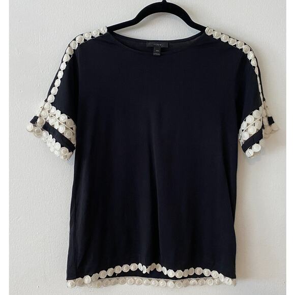 J Crew Comfy Black and Cream Embroidery Stitch Circles Sleeve Hem Design Top XXS - Picture 1 of 11